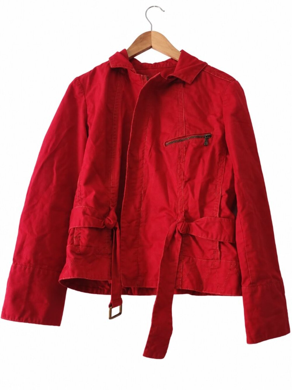 CAbi Red 100% Cotton Belted Long Sleeve Utility Jacket Zip Pockets Fall Preppy M